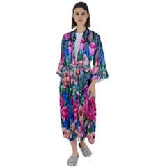 Bright And Brilliant Watercolor Flowers Maxi Satin Kimono by GardenOfOphir