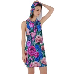 Bright And Brilliant Watercolor Flowers Racer Back Hoodie Dress by GardenOfOphir