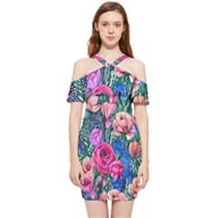 Bright And Brilliant Watercolor Flowers Shoulder Frill Bodycon Summer Dress by GardenOfOphir