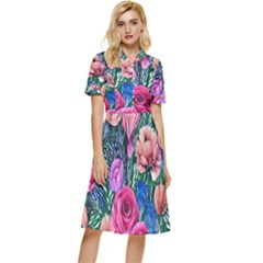 Bright And Brilliant Watercolor Flowers Button Top Knee Length Dress by GardenOfOphir