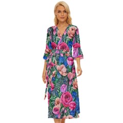 Bright And Brilliant Watercolor Flowers Midsummer Wrap Dress by GardenOfOphir