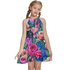 Bright And Brilliant Watercolor Flowers Kids  Halter Collar Waist Tie Chiffon Dress by GardenOfOphir