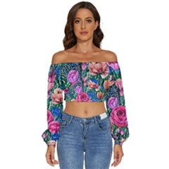 Bright And Brilliant Watercolor Flowers Long Sleeve Crinkled Weave Crop Top by GardenOfOphir