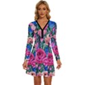 Bright And Brilliant Watercolor Flowers Long Sleeve Deep V Mini Dress  View1