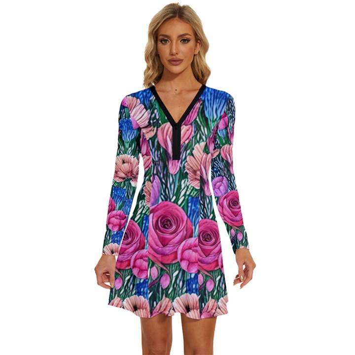 Bright And Brilliant Watercolor Flowers Long Sleeve Deep V Mini Dress 