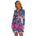 Bright And Brilliant Watercolor Flowers Long Sleeve Deep V Mini Dress  View2