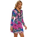 Bright And Brilliant Watercolor Flowers Long Sleeve Deep V Mini Dress  View3