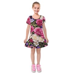 Ai Generated Roses Flowers Petals Bouquet Wedding Kids  Short Sleeve Velvet Dress by Ravend