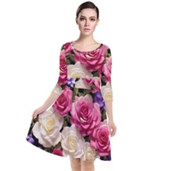 Ai Generated Roses Flowers Petals Bouquet Wedding Quarter Sleeve Waist Band Dress by Ravend