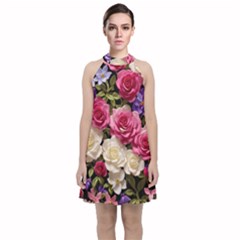 Ai Generated Roses Flowers Petals Bouquet Wedding Velvet Halter Neckline Dress  by Ravend