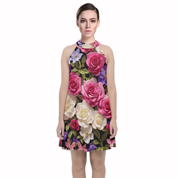 Ai Generated Roses Flowers Petals Bouquet Wedding Velvet Halter Neckline Dress 