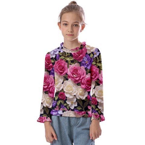 Ai Generated Roses Flowers Petals Bouquet Wedding Kids  Frill Detail Tee by Ravend