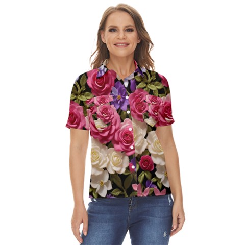 Ai Generated Roses Flowers Petals Bouquet Wedding Women s Short Sleeve Double Pocket Shirt by Ravend