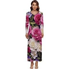 Ai Generated Roses Flowers Petals Bouquet Wedding Long Sleeve Longline Maxi Dress by Ravend