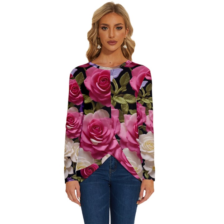 Ai Generated Roses Flowers Petals Bouquet Wedding Long Sleeve Crew Neck Pullover Top