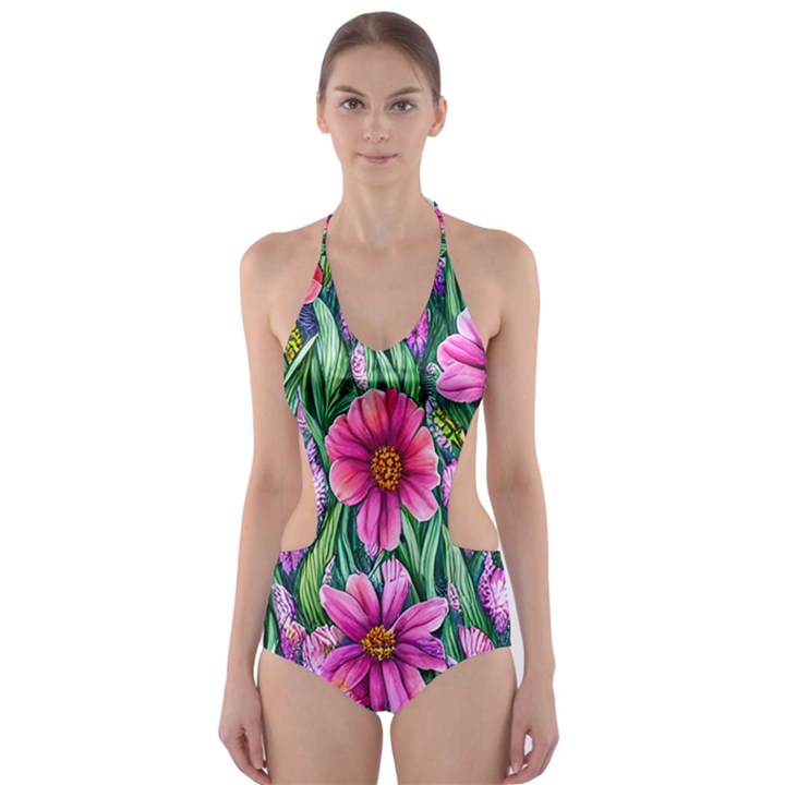 Cheerful And Cheery Blooms Cut-Out One Piece Swimsuit