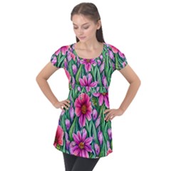 Cheerful And Cheery Blooms Puff Sleeve Tunic Top by GardenOfOphir