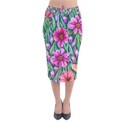 Cheerful And Cheery Blooms Velvet Midi Pencil Skirt by GardenOfOphir