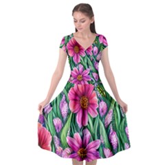 Cheerful And Cheery Blooms Cap Sleeve Wrap Front Dress by GardenOfOphir