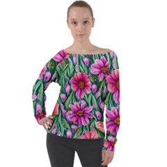 Cheerful And Cheery Blooms Off Shoulder Long Sleeve Velour Top by GardenOfOphir