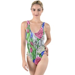 Celestial And Charming Florals High Leg Strappy Swimsuit by GardenOfOphir