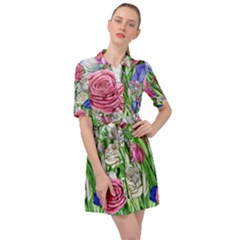 Celestial And Charming Florals Belted Shirt Dress by GardenOfOphir