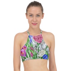 Celestial And Charming Florals Racer Front Bikini Top by GardenOfOphir