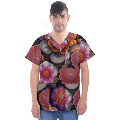 Ai Generated Floral Pattern Flowers Floral Men s V-neck Scrub Top by Ravend