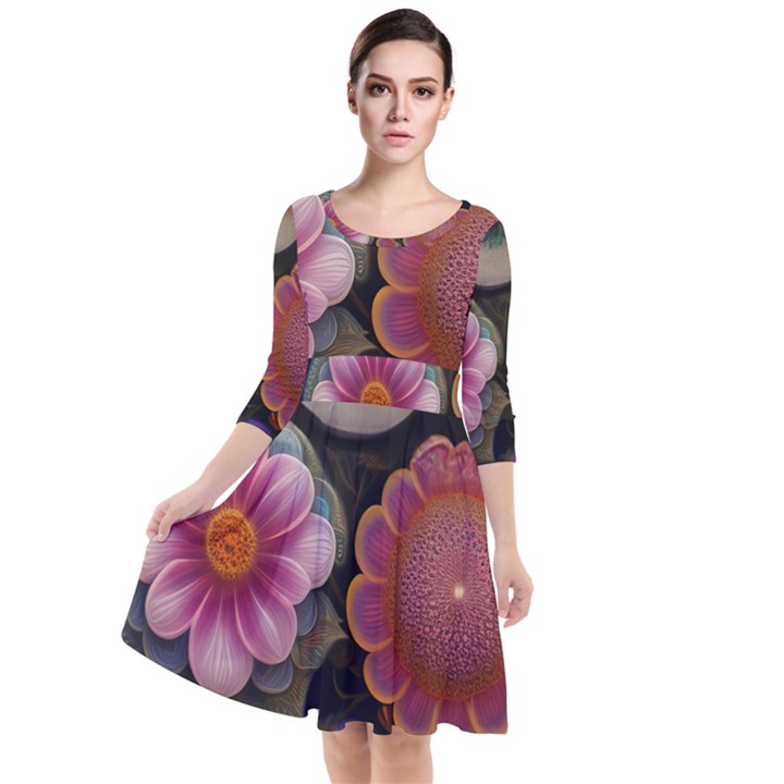 Ai Generated Floral Pattern Flowers Floral Quarter Sleeve Waist Band Dress