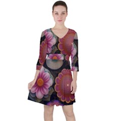 Ai Generated Floral Pattern Flowers Floral Quarter Sleeve Ruffle Waist Dress by Ravend