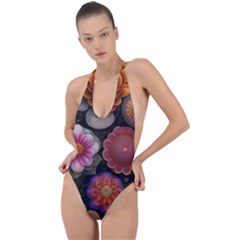 Ai Generated Floral Pattern Flowers Floral Backless Halter One Piece Swimsuit by Ravend