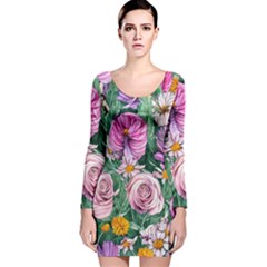 Budding And Captivating Flowers Long Sleeve Velvet Bodycon Dress