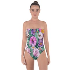 Budding And Captivating Flowers Tie Back One Piece Swimsuit