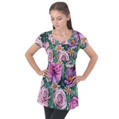 Budding And Captivating Flowers Puff Sleeve Tunic Top