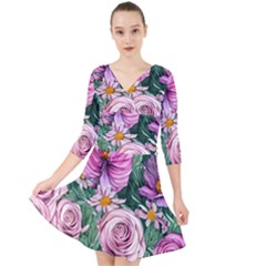 Budding And Captivating Flowers Quarter Sleeve Front Wrap Dress