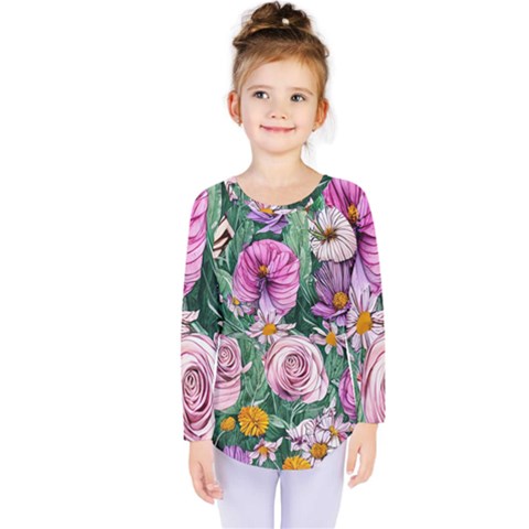 Budding And Captivating Flowers Kids  Long Sleeve Tee by GardenOfOphir