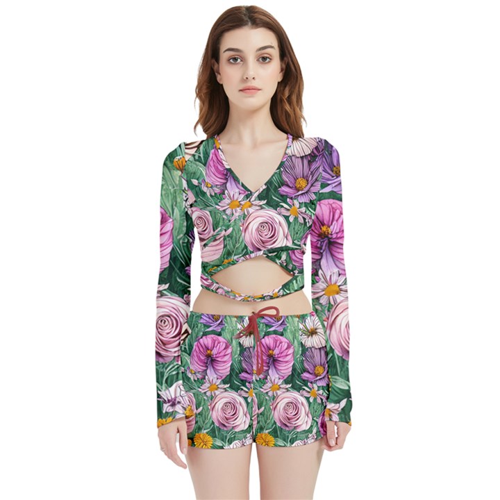 Budding And Captivating Flowers Velvet Wrap Crop Top and Shorts Set