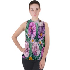 Budding And Captivating Flowers Mock Neck Chiffon Sleeveless Top by GardenOfOphir