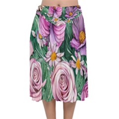 Budding And Captivating Flowers Velvet Flared Midi Skirt