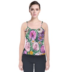 Budding And Captivating Flowers Velvet Spaghetti Strap Top