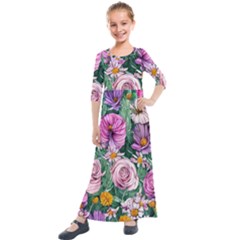 Budding And Captivating Flowers Kids  Quarter Sleeve Maxi Dress