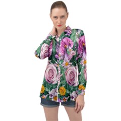 Budding And Captivating Flowers Long Sleeve Satin Shirt