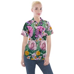 Budding And Captivating Flowers Women s Short Sleeve Pocket Shirt