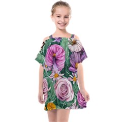 Budding And Captivating Flowers Kids  One Piece Chiffon Dress