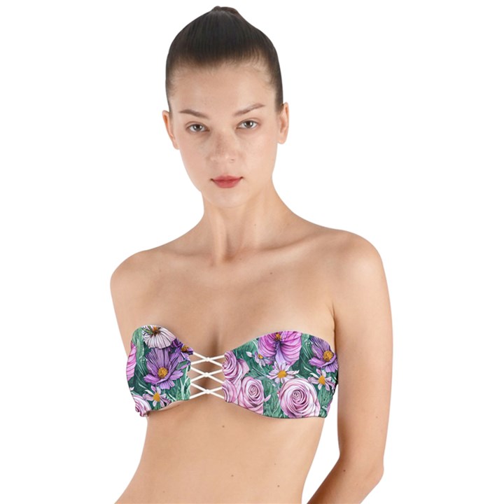 Budding And Captivating Flowers Twist Bandeau Bikini Top