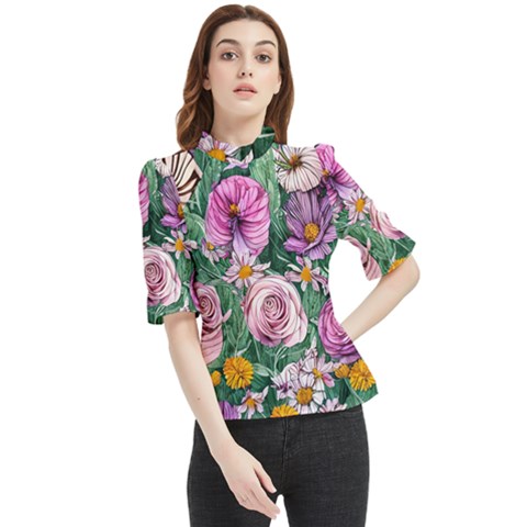 Budding And Captivating Flowers Frill Neck Blouse by GardenOfOphir