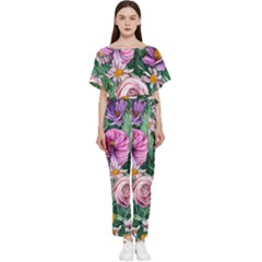 Budding And Captivating Flowers Batwing Lightweight Chiffon Jumpsuit