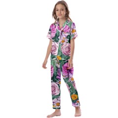 Budding And Captivating Flowers Kids  Satin Short Sleeve Pajamas Set