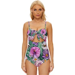 Budding And Captivating Flowers Knot Front One-Piece Swimsuit