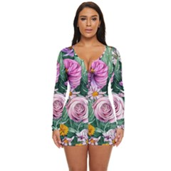 Budding And Captivating Flowers Long Sleeve Boyleg Swimsuit